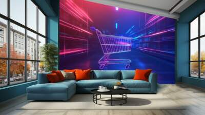 A futuristic shopping cart illuminated by vibrant neon lights, set in a dynamic, colorful retail environment. Wall mural