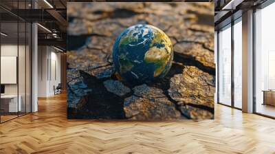 A globe resting on cracked earth symbolizes climate change and environmental issues affecting our planet's future. Wall mural