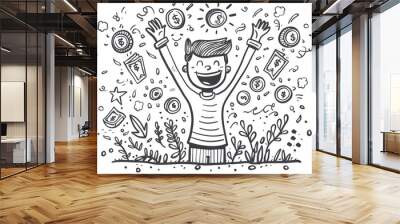 A joyful boy celebrating financial success with coins and money symbols in a playful doodle style. Perfect for finance themes. Wall mural