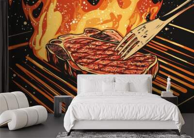 A juicy steak grilling over flames, showcasing perfect sear marks and mouthwatering flavors, ideal for food enthusiasts. Wall mural