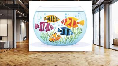 A vibrant illustration of a fishbowl with colorful fish swimming among aquatic plants. Wall mural