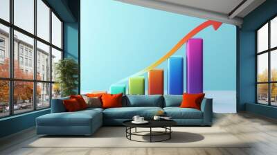 Colorful bar chart showing growth trend with upward arrow, representing business success and financial progress. Wall mural