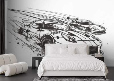 Dynamic illustration of racing cars in motion, showcasing speed and power with expressive lines and splashes of color. Wall mural