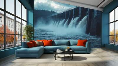 Dynamic view of a dam releasing water into a turbulent river, under a moody sky. A powerful display of engineering and nature. Wall mural