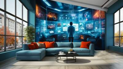 Futuristic virtual interface room. Scientist or doctor analyzing medical exam on display monitor screen on modern laboratory. Medical with futuristic technology concept. Generative AI. Wall mural