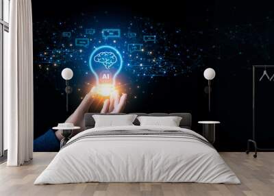 Hand holding virtual interface AI brain data creative in light bulb. Innovation futuristic science and artificial intelligence smart assistant digital technology global network connection. Wall mural