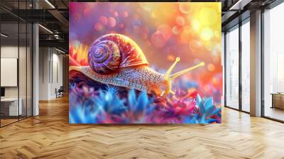 Snail with turbo speed in fantasia, racing through a vibrant magical landscape, leaving a trail of sparkling light. A journey of wonder. A fusion of fantasy and velocity. Wall mural