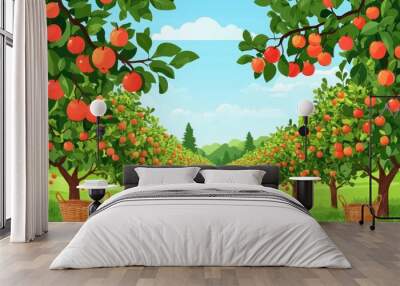 Vibrant orchard filled with ripe oranges under a clear blue sky, showcasing lush green trees and baskets ready for harvest. Wall mural