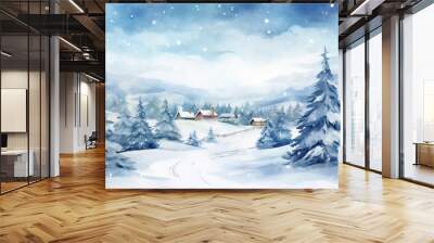 Winter landscape with village cozy houses and fir trees in snow in watercolor style. Holiday digital watercolor illustration for design on Christmas and New Year card, poster or banner. Generative AI. Wall mural