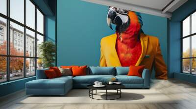 Colorful parrot wearing a bright yellow blazer against a teal background, showcasing a fun and creative concept in animal photography. Wall mural