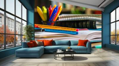 Immerse yourself in the vibrant world of education, as a heap of modern school books and pens on a desk sparks curiosity and promises a journey of discovery. Wall mural