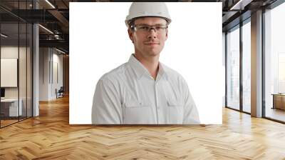 Youthful, handsome engineer in a hard hat, his features and focused gaze conveying a blend of technical expertise and innate charm. Isolated  transparent png, add your own background. Wall mural