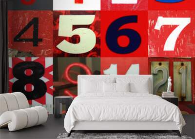 Numbers 0 to 15 in red tones Wall mural