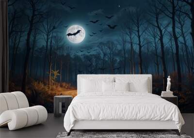 Background Night forest with full moon and bats for posters and banners. For decoration of festive events and design Wall mural