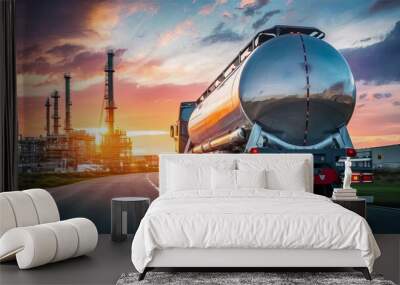 fuel tanker in motion, rear view. Transportation of fuel, delivery of fuel to an oil refinery, against the backdrop of sunset Wall mural