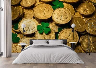 Gold coins, on a green background and three-leaf clovers. For posters, cards. Concept related to luck and wealth of St. Patrick's Day. Wall mural