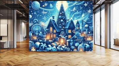 holiday concept banner composed of elements of christmas graphic sources. magical background with blue color illustration. winter season design for web page, promotion, print. vector design Wall mural