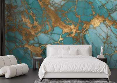 Marble texture in blue and gold colour. Banner Abstract marble waves coloured with crushed gold. Executed in the style of liquid art. Wall mural