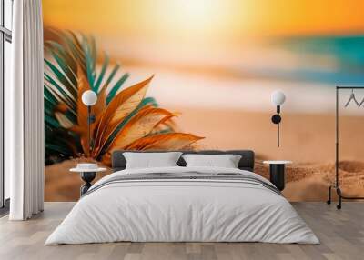 palm branch on the sand, luxurious green and gold color. Travel, Tours, Sea Wall mural