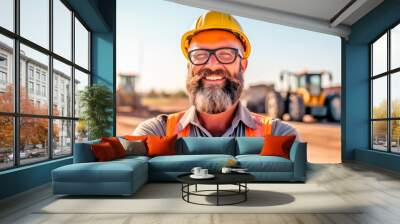 smiling construction worker in an orange vest with reflective stripes and a white helmet on a construction site against the background of construction equipment and a clear sky Wall mural