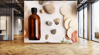 Flat lay composition with two brown glass bottles over Natural background of real tree bark, moss on light stone surface with copy space for mockup of body care organic cosmetics. Wall mural