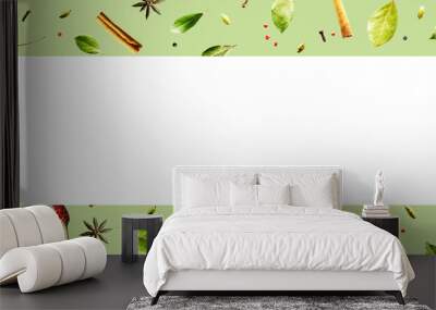 Flying spices Bay leaf, red chili pepper, anise, cinnamon sticks on a green background. Long food banner with copy space. Wall mural