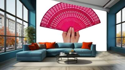 Wooden oriental chinese fan with hands isolated on white backgro Wall mural