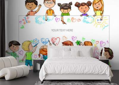 Funny cartoon children of different nationalities hold empty banner for your advertising Wall mural