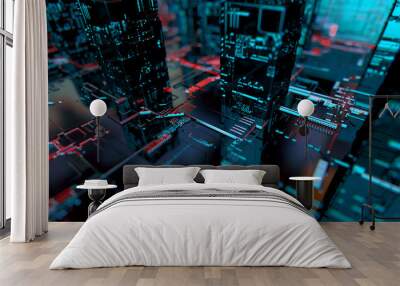 Abstract 3d circuit city concept of connection. Digital skyscrappers. Wall mural