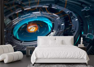 Abstract crypto cyber security technology on global network background. Digital theme. 3d render Wall mural