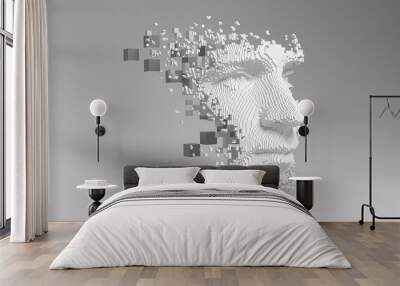 Abstract digital human face.  Artificial intelligence concept of big data or cyber security. 3D illustration  Wall mural