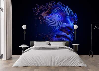 Abstract digital human face.  Artificial intelligence concept of big data or cyber security. 3D illustration  Wall mural