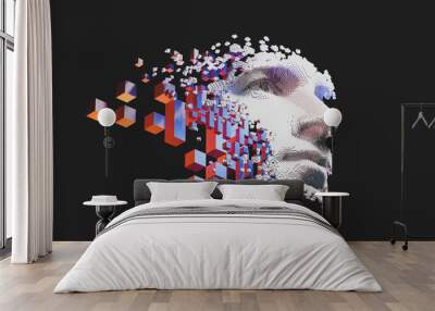 Abstract digital human face.  Artificial intelligence concept of big data or cyber security. 3D illustration  Wall mural