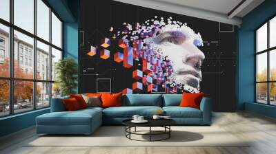 Abstract digital human face.  Artificial intelligence concept of big data or cyber security. 3D illustration  Wall mural