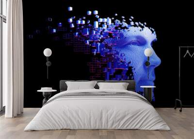 Abstract digital human face.  Artificial intelligence concept of big data or cyber security. 3D rendering Wall mural