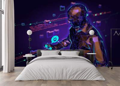 Concept of businessman on blurred background chatting with chatbot application. 3d illustration Wall mural