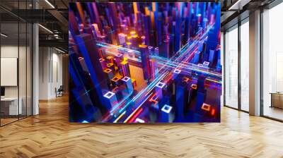 Connecting and moving big data in a digital city. 3d rendering. Wall mural