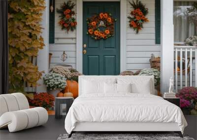 A charming Thanksgiving themed front porch with pumpkins, wreaths, and seasonal flowers Wall mural