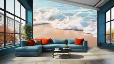 A close-up shot of gentle waves caressing the shore on a pristine sandy beach Wall mural