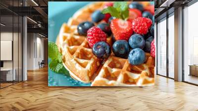 A delicious and healthy breakfast of whole grain waffles topped with fresh berries Wall mural