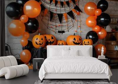 A Halloween party with festive decorations, orange and black balloons, and carved pumpkins Wall mural