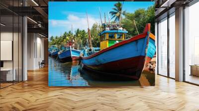 A traditional fishing village with colorful boats lined up along the shore Wall mural