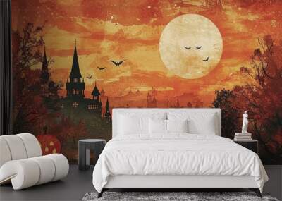 A vintage Halloween postcard scene with pumpkins, witches, and a spooky moon Wall mural