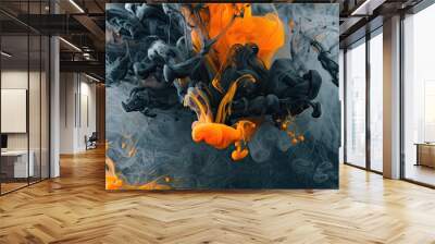 Abstract background with black and orange ink in water Wall mural