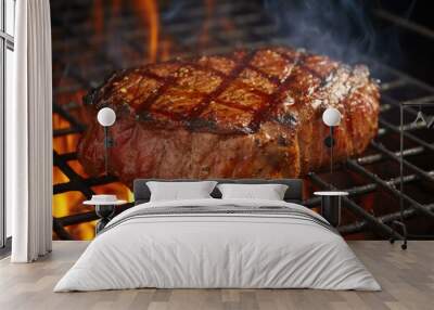 beef ribeye steak grilling on flaming grill Wall mural