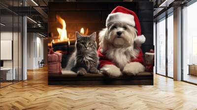 cat and dog in christmas hat Wall mural