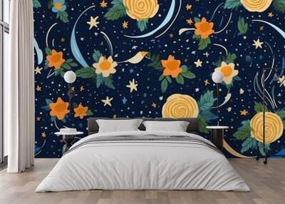 Celestial elements with earthly botanical elements like flowers, plants. Seamless pattern background for textiles, fabrics, covers, wallpapers, print, gift wrapping Wall mural