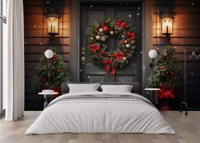 Christmas holiday wreath hanging on a door, adorned with shimmering ornaments and twinkling lights Wall mural