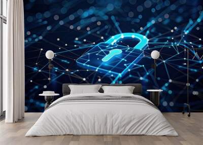 Cyber security concept. Lock symbol connecting network Wall mural