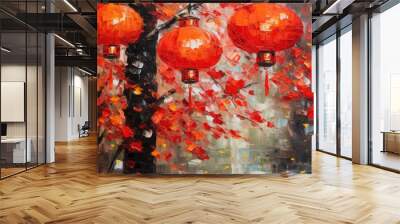 palette knife textured painting Chinese lanterns. Japanese asian new year red lamps festival Chinese New Year Lanterns Wall mural